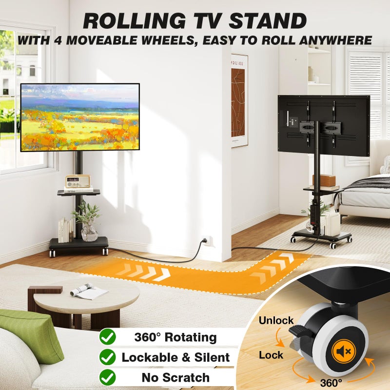 5Rcom Rolling TV Stand with Power Outlet for 32-60 inch TVs, Swivel and Height Adjustable Mobile TV Stand with Shelf, Strong TV Cart on Wheels up to 88 lbs for Living Room, Bedroom and Office (Black) - Image 5