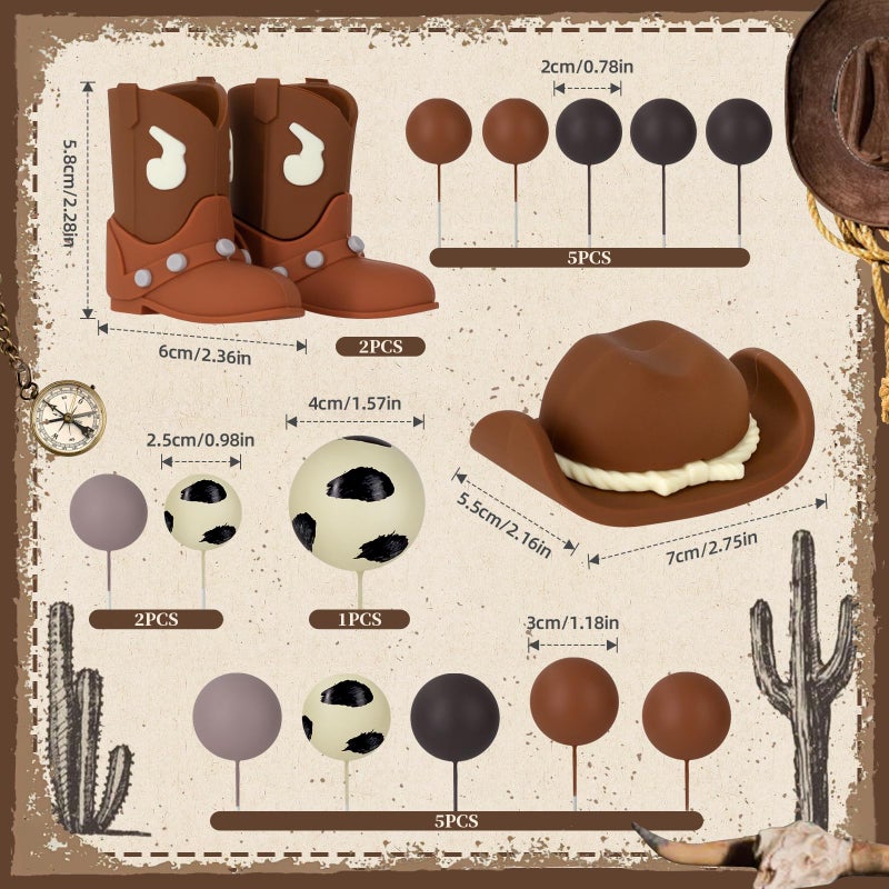 Zafena 16PCS Cowboy Cake Topper Cowboy Hat and Boot Balls Cake Decorations Western Cowboy Birthday Baby Shower Party Decorations (Brown) - Image 2