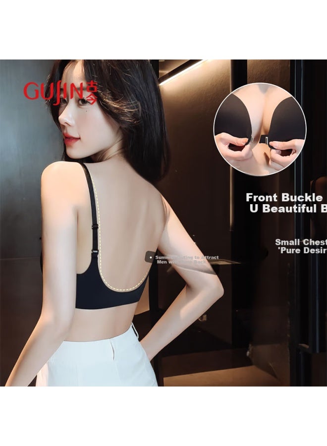 Gujin Large U-shaped Beauty Back Bra Women's Front Buckle Small Chest Gathered To Show Large Seamless Steel-free New Bra Black - Image 2