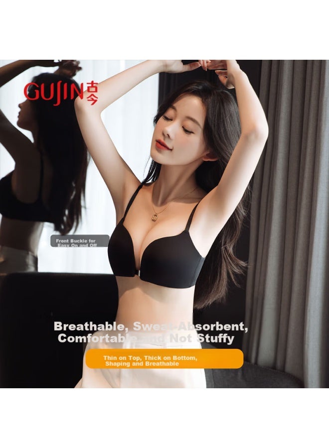Gujin Large U-shaped Beauty Back Bra Women's Front Buckle Small Chest Gathered To Show Large Seamless Steel-free New Bra Black - Image 5