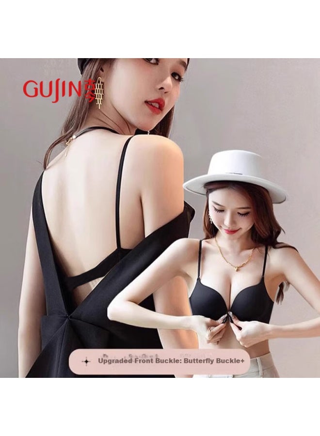 Gujin Large U-shaped Beauty Back Bra Women's Front Buckle Small Chest Gathered To Show Large Seamless Steel-free New Bra Black - Image 1