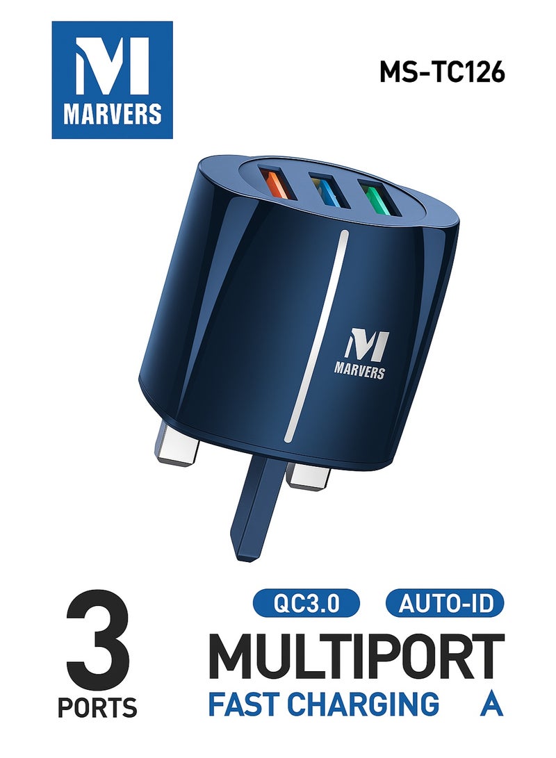 شاحن جداري مارفرز MS-TC126 بثلاثة منافذ USB | تقنية الشحن السريع QC3.0 و AUTO-ID | شاحن متعدد المنافذ متوافق مع الهواتف الذكية والأجهزة اللوحية