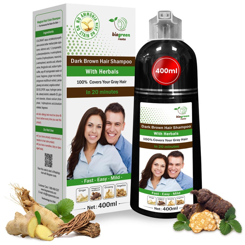 BIOGREEN ROOTS Ammonia-Free & Paraben-Free Herbal Hair Dye Shampoo for Women & Men â€“ Gentle Natural Color Haircare Wash for Gray Coverage, Nourishing Shampoo for Color Care â€“ Dark Brown (400 ml) - Image 1