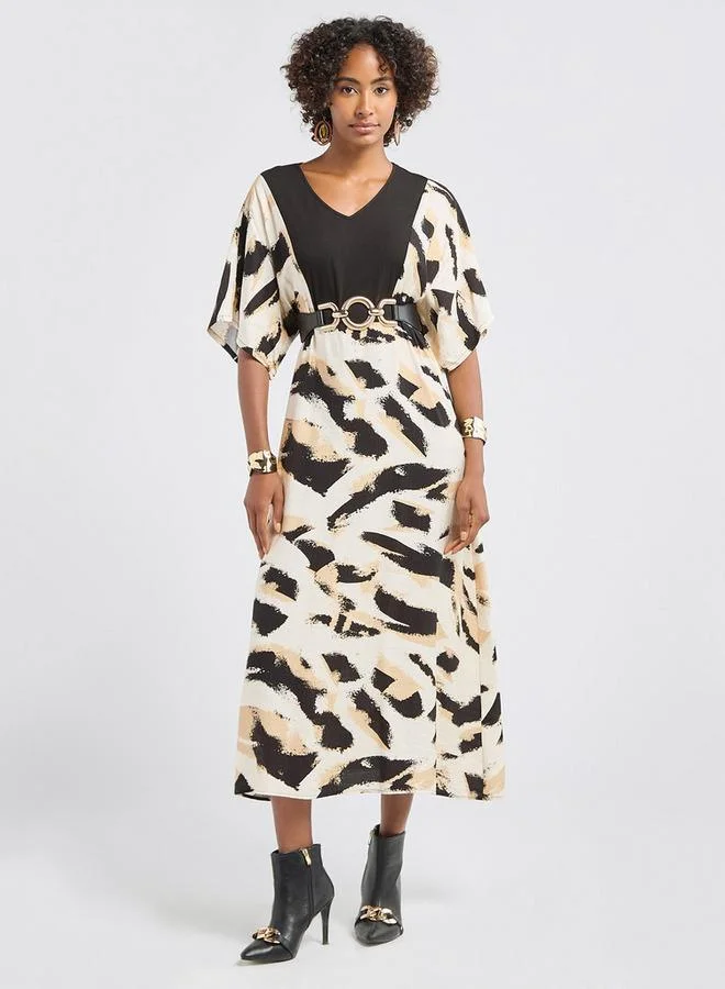 Splash FAV Printed V-neck Midi Dress with Short Sleeves
