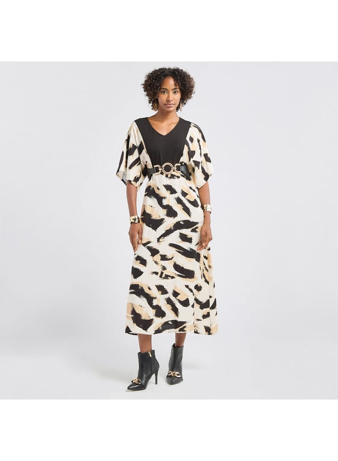 Splash FAV Printed V-neck Midi Dress with Short Sleeves  - Image 2
