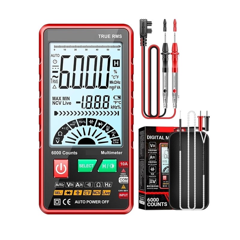 Professional Multimeter Digital Electric Tester 6000 Counts 616 AC Voltage Current Meter Capacitance Resistance NCV Tools(616 red with Box) - Image 1