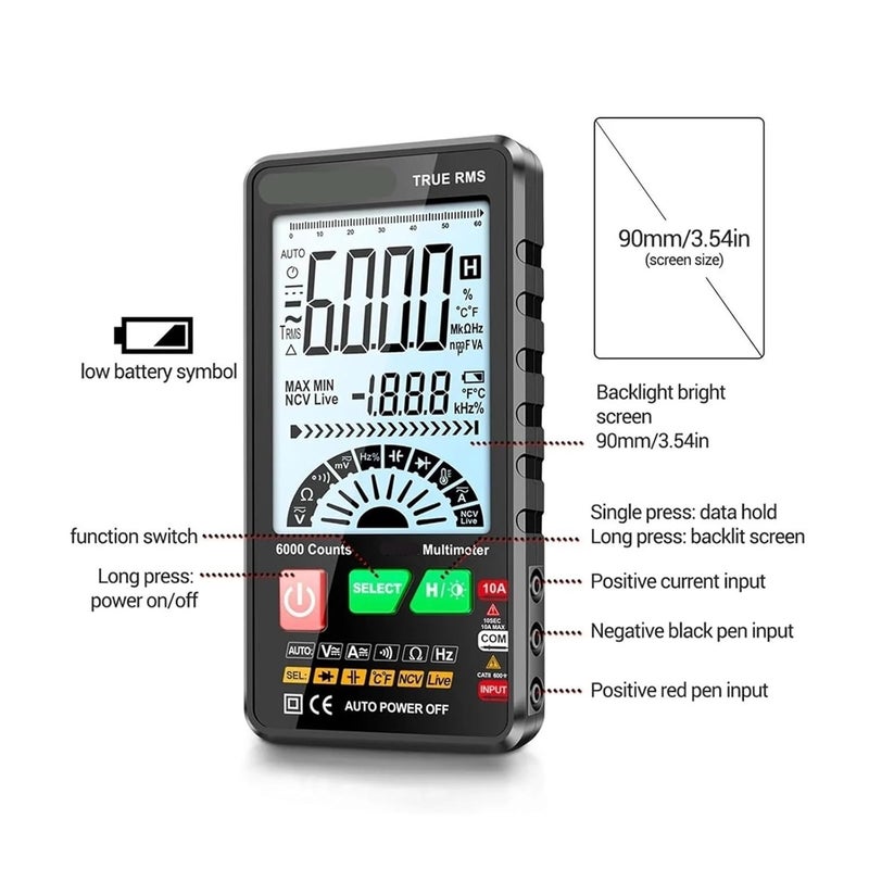 Professional Multimeter Digital Electric Tester 6000 Counts 616 AC Voltage Current Meter Capacitance Resistance NCV Tools(616 red with Box) - Image 5