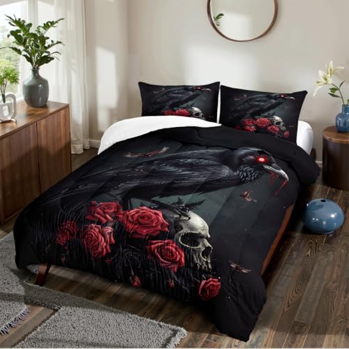 CCoutueChen Black Crow Red Rose Skull Comforter Set King Size Halloween Gothic Roses Skeleton Bedding Set Holiday Decoration Bedding Black Floral Bird Down Comforters Soft Microfiber Comforter Sets - Image 3