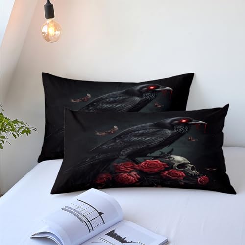 CCoutueChen Black Crow Red Rose Skull Comforter Set King Size Halloween Gothic Roses Skeleton Bedding Set Holiday Decoration Bedding Black Floral Bird Down Comforters Soft Microfiber Comforter Sets - Image 5