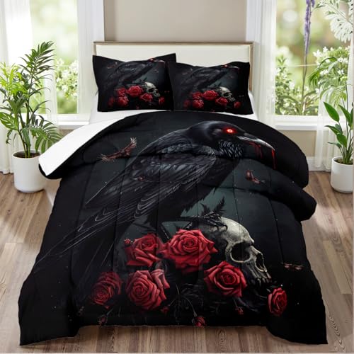CCoutueChen Black Crow Red Rose Skull Comforter Set King Size Halloween Gothic Roses Skeleton Bedding Set Holiday Decoration Bedding Black Floral Bird Down Comforters Soft Microfiber Comforter Sets - Image 2