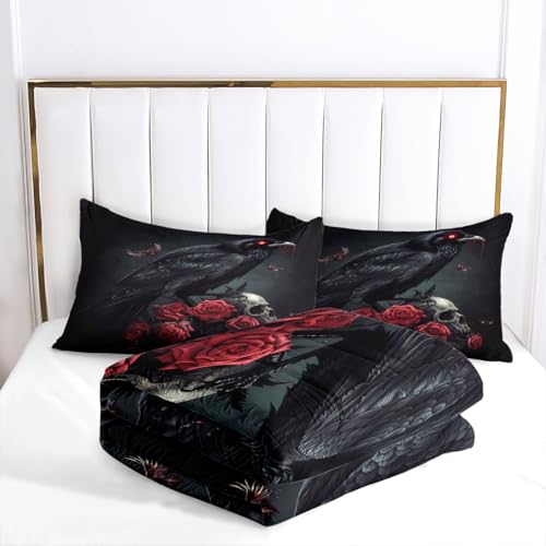 CCoutueChen Black Crow Red Rose Skull Comforter Set King Size Halloween Gothic Roses Skeleton Bedding Set Holiday Decoration Bedding Black Floral Bird Down Comforters Soft Microfiber Comforter Sets - Image 4