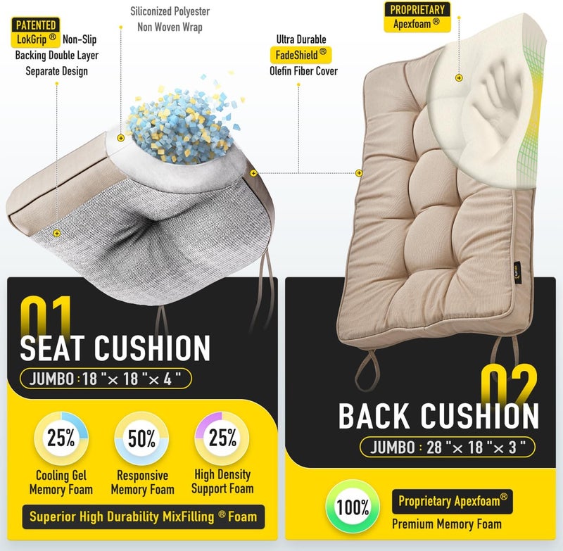 SUNROX Memory Foam Jumbo Rocking Chair Cushions, FadeShield Water Resistant Non Slip Durable Tufted Pads, Set of Seat & Back Cushion with Ties for Indoor/Outdoor Rocker, 2 Piece, Husk Birch - Image 2