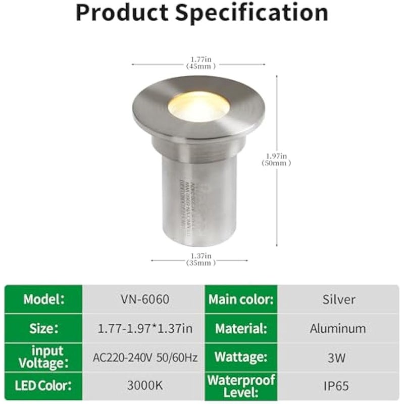 V.nice LED Underground Light IP65 Waterproof In-Ground Pathway Light, 3000K Warm White Outdoor Deck Uplight, Stainless Steel Body, AC220-240V, 3W  Silver Finish - Image 2