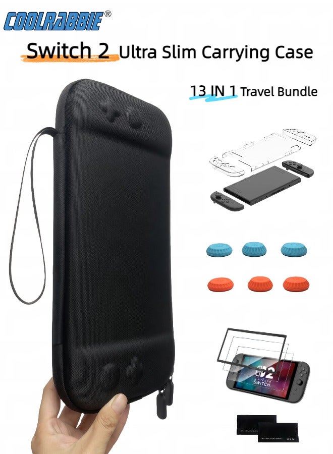 CoolRabbie Switch 2 Ultra Slim Bag 13 In 1 Bundle, Accessories Kit For Nintendo Switch 2:Slim Travel Storage Carrying Case With Switch 2 Crystal Cover Kit,6 Thumb Grips,2 HD Tempered Glass Screen Protectors With Alignment Frame,2 Cleaning Tools