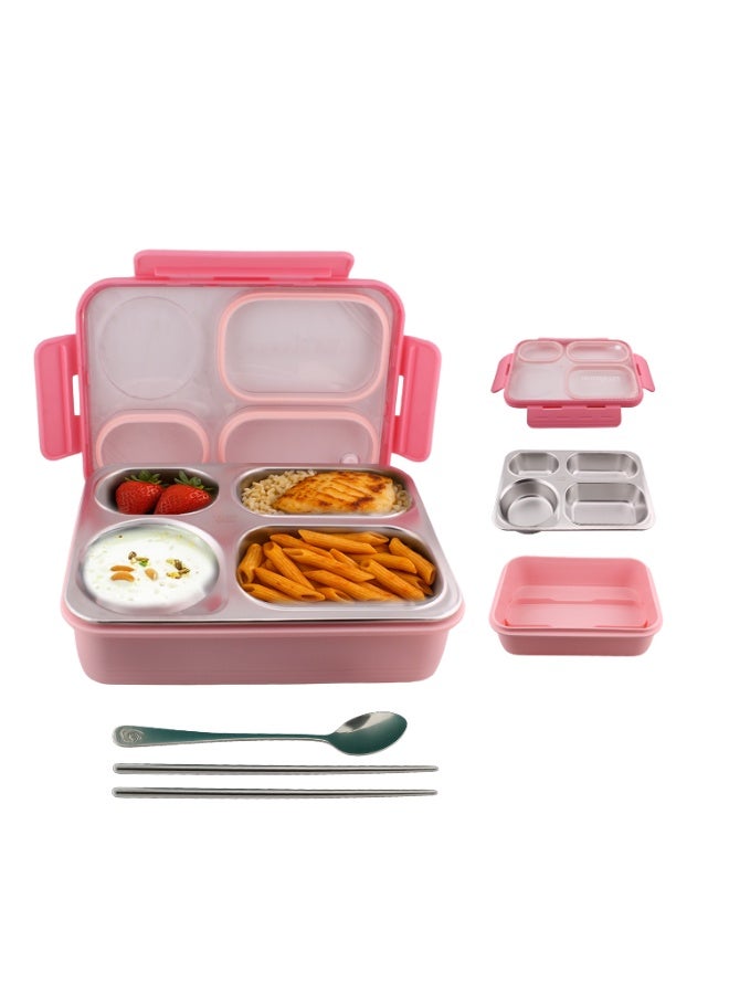 CRAVISTA Bento Lunch Boxes, Leak Proof Stainless Steel Lunch Box for Kids, BPA Free Bento Box for Kids and Adults | Tiffin Box for Office and School (Pink, 950 ML, 4 Compartment) - Image 2