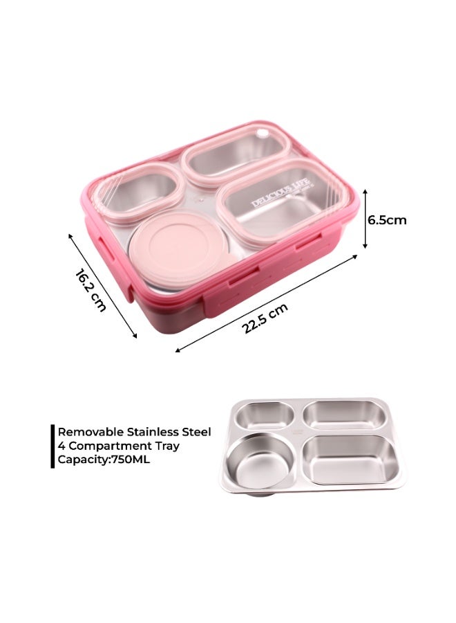 CRAVISTA Bento Lunch Boxes, Leak Proof Stainless Steel Lunch Box for Kids, BPA Free Bento Box for Kids and Adults | Tiffin Box for Office and School (Pink, 950 ML, 4 Compartment) - Image 5