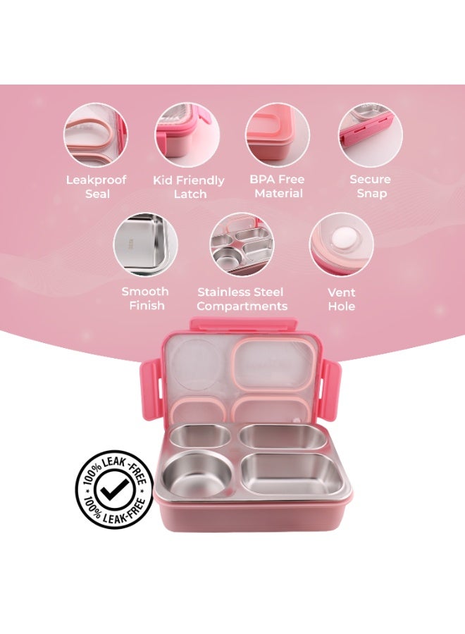 CRAVISTA Bento Lunch Boxes, Leak Proof Stainless Steel Lunch Box for Kids, BPA Free Bento Box for Kids and Adults | Tiffin Box for Office and School (Pink, 950 ML, 4 Compartment) - Image 3