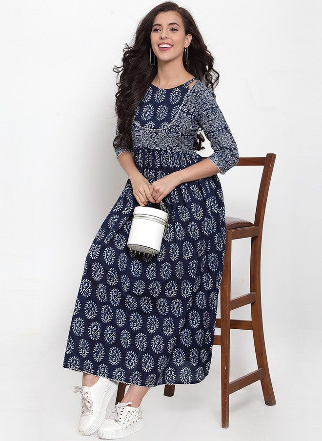 Indibelle Women's Blue Printed Fit and Flare Midi Dress - Image 5