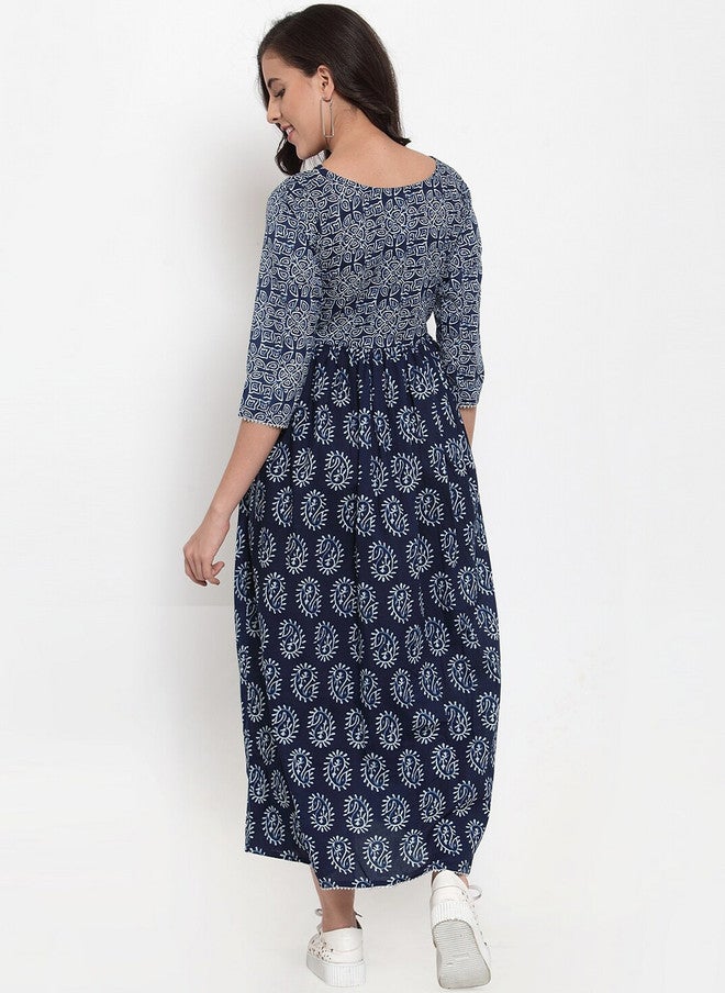 Indibelle Women's Blue Printed Fit and Flare Midi Dress - Image 4