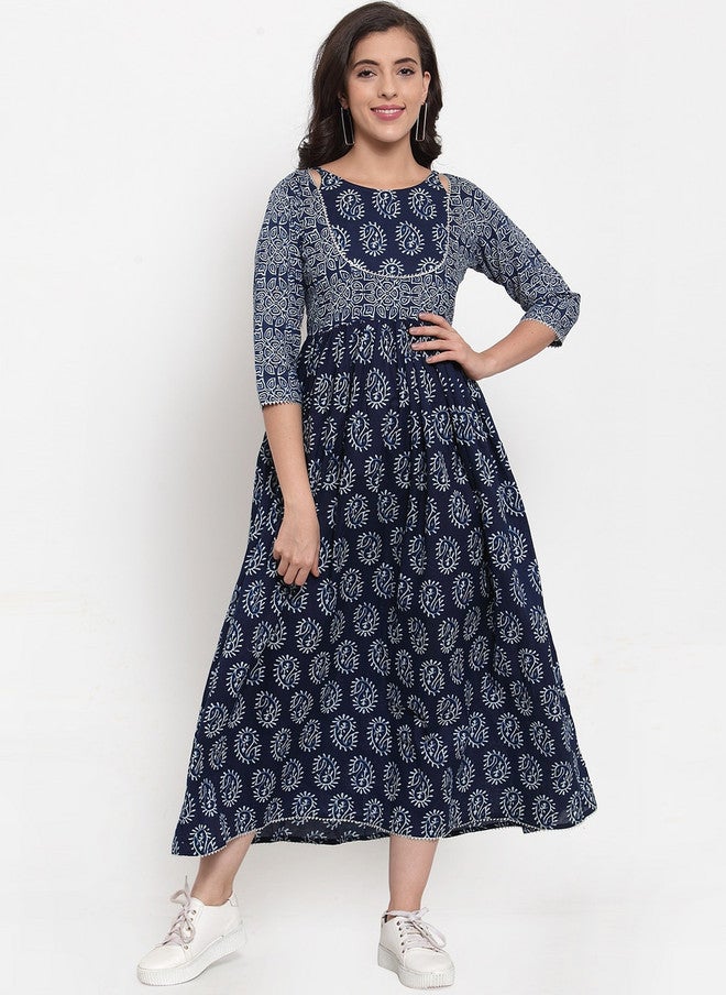 Indibelle Women's Blue Printed Fit and Flare Midi Dress - Image 1