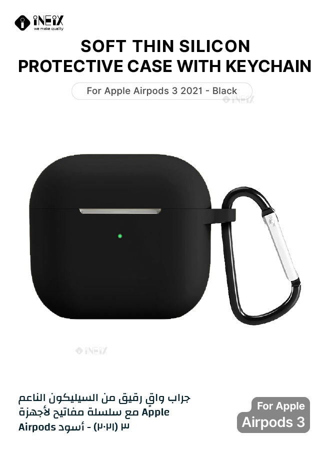 INEIX Soft Silicone Case Cover With Carabiner For Apple AirPods 3 (3Rd Greneration) 2021 - Black - Image 1