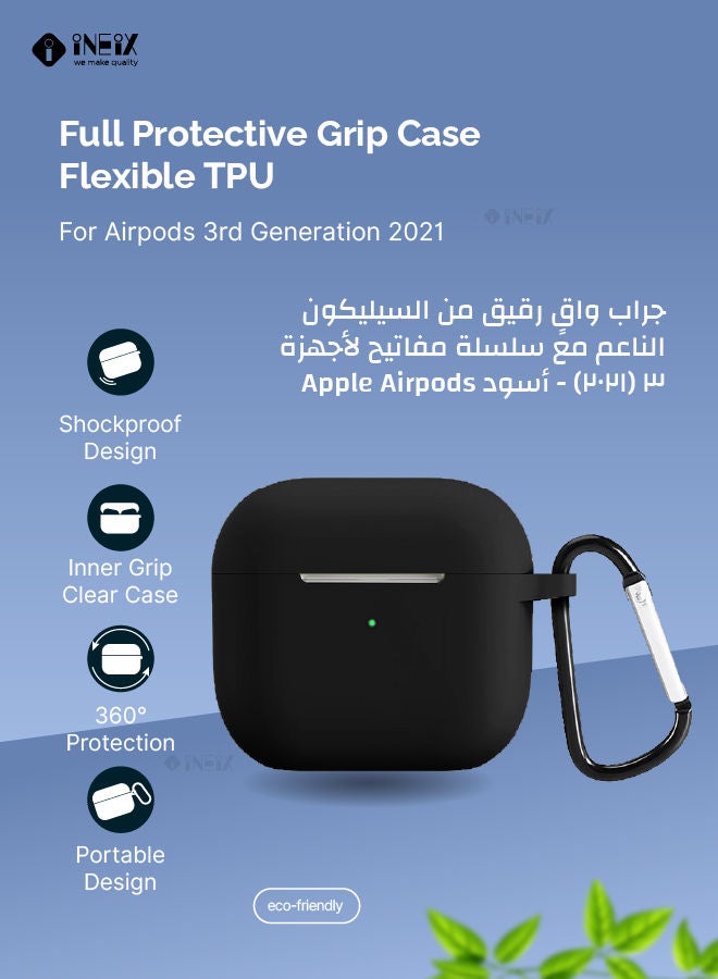 INEIX Soft Silicone Case Cover With Carabiner For Apple AirPods 3 (3Rd Greneration) 2021 - Black - Image 2