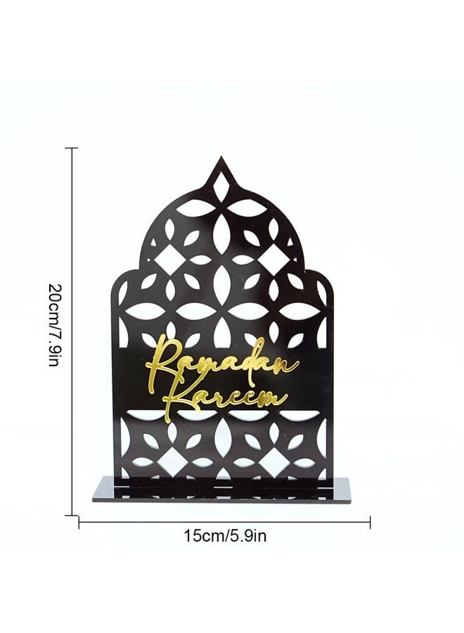 حامل طاولة أكريليك بتصميم قوس إسلامي باللونين الأسود والذهبي، مناسب لرمضان كريم، زينة عيد رمضان. - Image 2