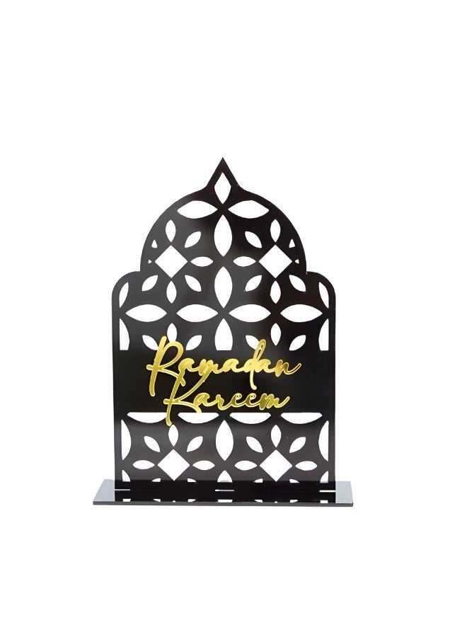حامل طاولة أكريليك بتصميم قوس إسلامي باللونين الأسود والذهبي، مناسب لرمضان كريم، زينة عيد رمضان. - Image 1