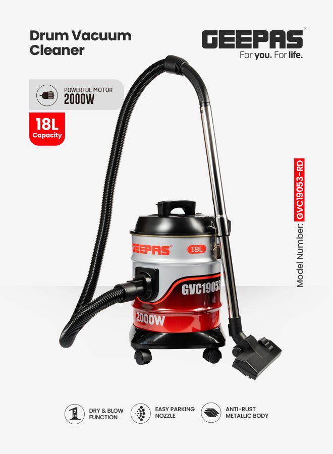 GEEPAS Drum Vacuum Cleaner- 18 L Dust Bag Capacity with Elegant Anti-Rust Metallic Body,  Powerful Suction, Dry and Blow Function, Dust Full Indicator,  Perfect for Home, Office, Apartments 18 L 2000 W GVC19053-RD Red/White