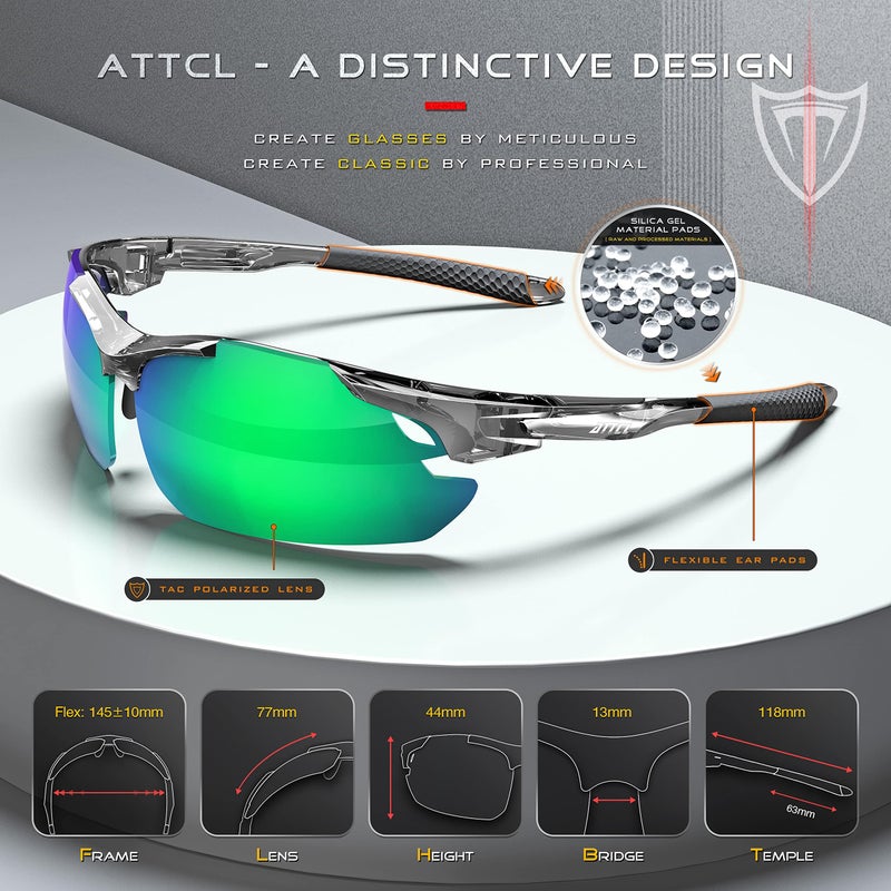 ATTCL Sunglasses For Men - Upgraded Sports Polarized Sunglasses for Cycling Driving Fishing UV Protection 7027-C4 Clear+Green - Image 3