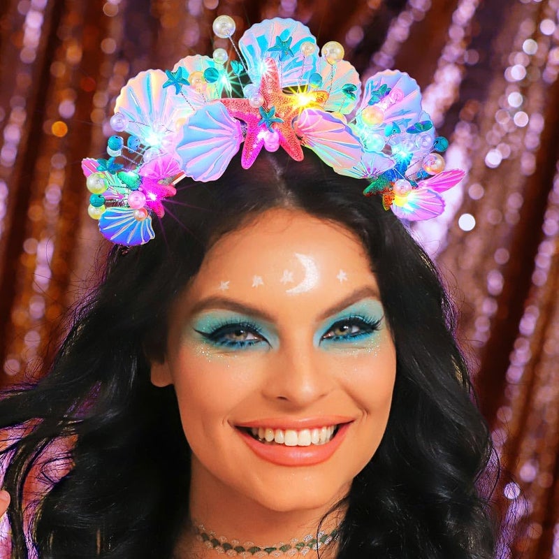 JEAIRTS Light Up Mermaid Starfish Tiaras and Crowns Silver Shell Ocean Headband Led Beach Wedding Hair Accessories for Women