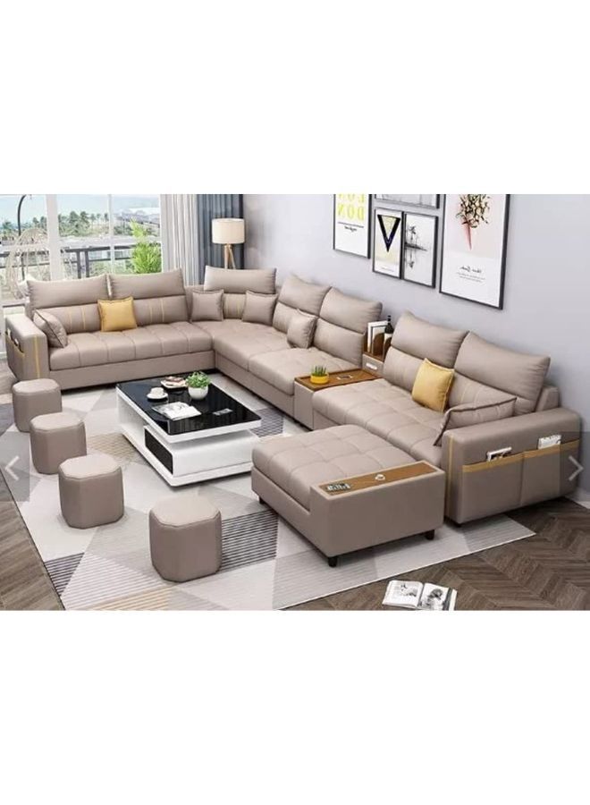 Karnak Sectional Sofa, Solid Wood Sofa for Living Room Furniture Modern Corner Faux Leather Upholstered Sofa Set Color (Beige) - Image 1