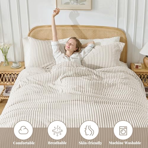 MILDLY Jacquard Stripe Duvet Cover - 100% Washed Cotton Light Khaki Boho Textured Comforter Cover 3pcs with Zipper Closure 104"x90" - Image 2