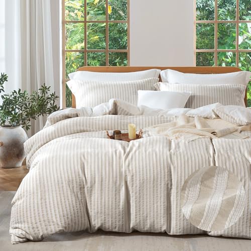 MILDLY Jacquard Stripe Duvet Cover - 100% Washed Cotton Light Khaki Boho Textured Comforter Cover 3pcs with Zipper Closure 104"x90" - Image 1