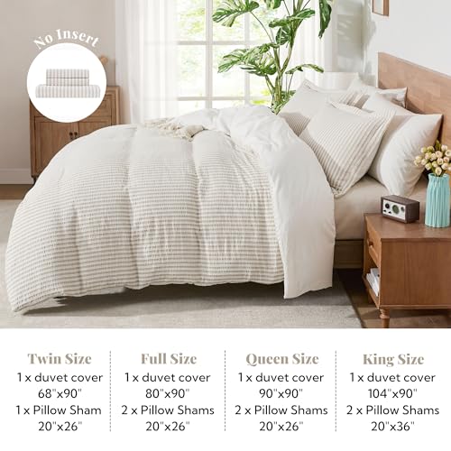 MILDLY Jacquard Stripe Duvet Cover - 100% Washed Cotton Light Khaki Boho Textured Comforter Cover 3pcs with Zipper Closure 104"x90" - Image 5