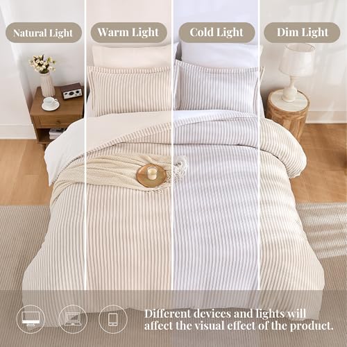 MILDLY Jacquard Stripe Duvet Cover - 100% Washed Cotton Light Khaki Boho Textured Comforter Cover 3pcs with Zipper Closure 104"x90" - Image 4