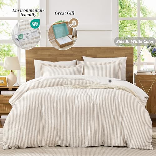 MILDLY Jacquard Stripe Duvet Cover - 100% Washed Cotton Light Khaki Boho Textured Comforter Cover 3pcs with Zipper Closure 104"x90" - Image 3
