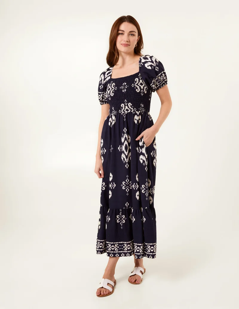 Blue Vanilla Square Neck Shirred Waist Puff Sleeve Midi Dress