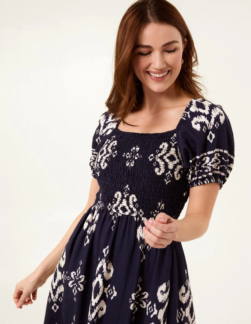 Blue Vanilla Square Neck Shirred Waist Puff Sleeve Midi Dress