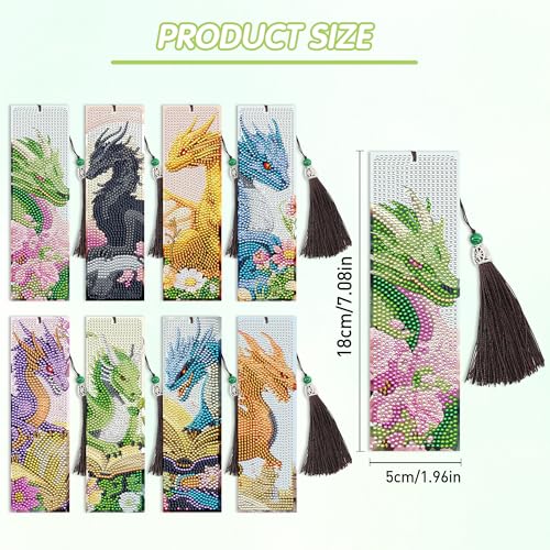 CRASHOT Dragon Diamond Art Bookmarks Kit: 8 Pcs Diamond Painting Bookmark with Tassels, Fantastic Dragon Book Marks for Book Lovers, Gifts for Reading Men DIY Crafts - Image 3