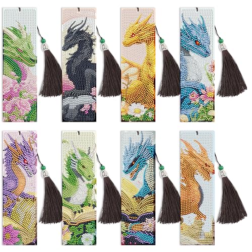 CRASHOT Dragon Diamond Art Bookmarks Kit: 8 Pcs Diamond Painting Bookmark with Tassels, Fantastic Dragon Book Marks for Book Lovers, Gifts for Reading Men DIY Crafts - Image 1