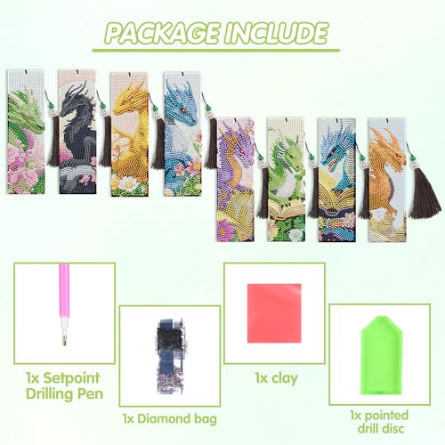 CRASHOT Dragon Diamond Art Bookmarks Kit: 8 Pcs Diamond Painting Bookmark with Tassels, Fantastic Dragon Book Marks for Book Lovers, Gifts for Reading Men DIY Crafts - Image 2