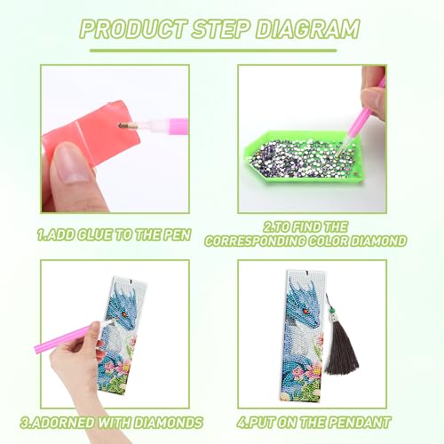 CRASHOT Dragon Diamond Art Bookmarks Kit: 8 Pcs Diamond Painting Bookmark with Tassels, Fantastic Dragon Book Marks for Book Lovers, Gifts for Reading Men DIY Crafts - Image 5