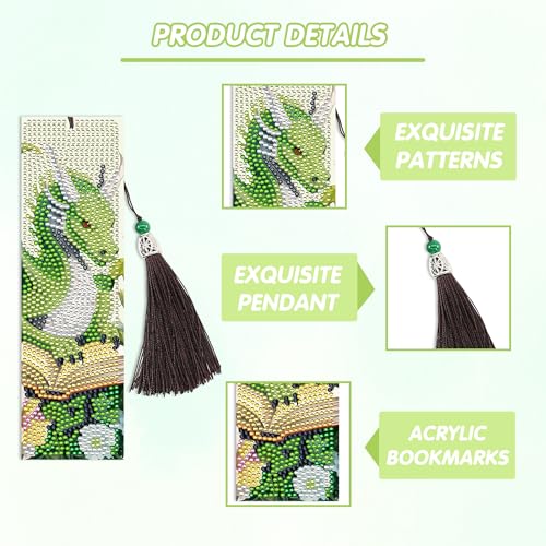 CRASHOT Dragon Diamond Art Bookmarks Kit: 8 Pcs Diamond Painting Bookmark with Tassels, Fantastic Dragon Book Marks for Book Lovers, Gifts for Reading Men DIY Crafts - Image 4