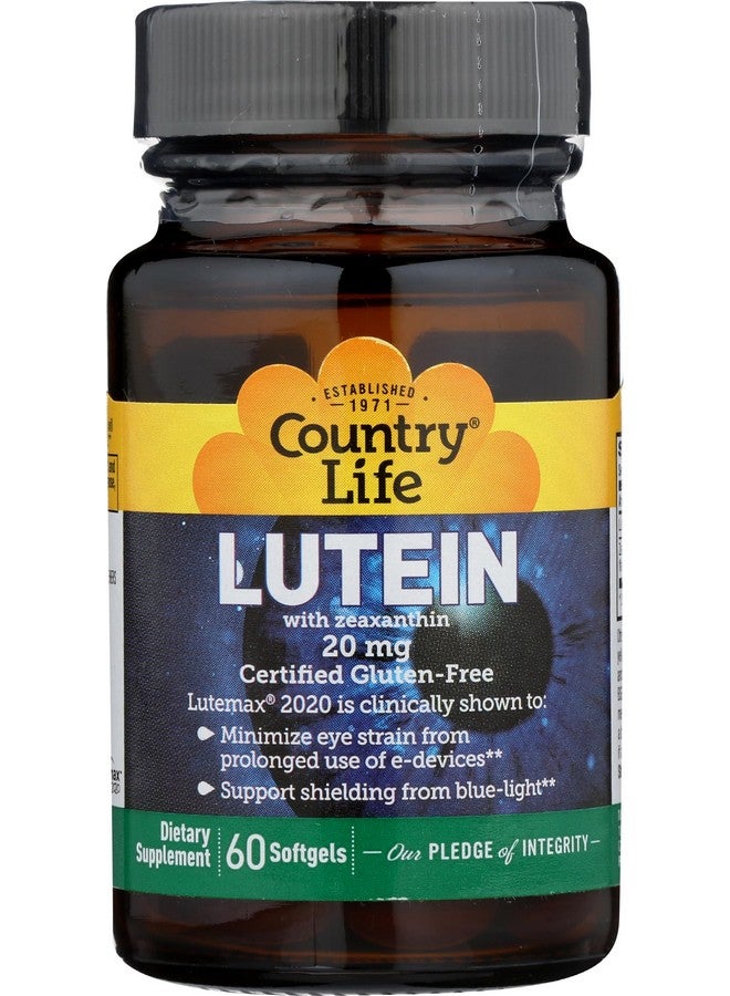 Country Life مكمل لوتين من كاونتري لايف 20 ملغ - معتمد خالي من الجلوتين - دعم صحة العين مع لوتين وزياكسانثين - يقلل من إجهاد العين الناتج عن الشاشات - بدون خميرة، ذرة، قمح، حليب - 60 كبسولة لينة - Image 1