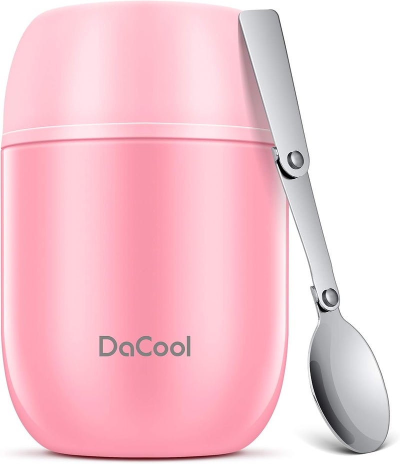DaCool Insulated Food Jar Food Thermo Kids Thermo for Hot Food 16 oz Stainless Vacuum Bento Lunch Therm for Kids Girls Adult with Spoon Leak Proof for School Office Picnic Travel Outdoors, Pink - Image 1