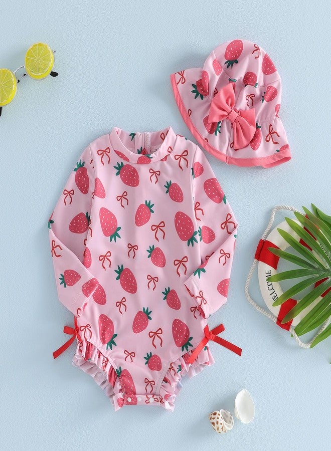 fhutpw ملابس سباحة للبنات الصغيرات من قطعة واحدة مطبوعة عليها فاكهة، بأكمام طويلة وقبعة، مناسبة للشاطئ (فراولة وردية، 12-18 شهرًا) - Image 5