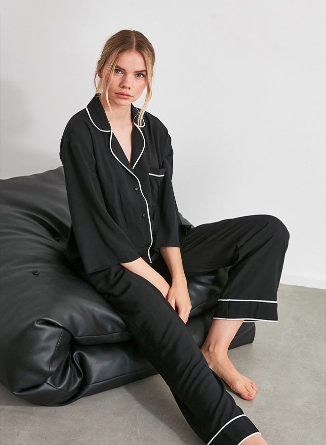 trendyol Black Piping Viscose Woven Pajamas Set - Image 5