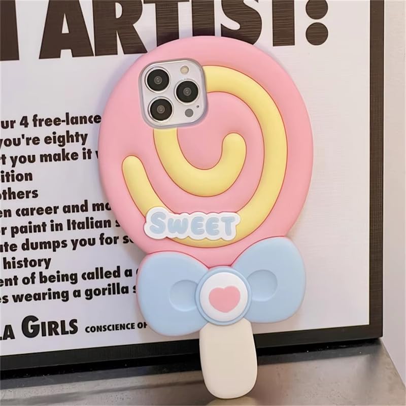 COVERLY for iPhone 15 3D Cute Cartoon Lollipop Case,Full Protective Kawaii Cotton Big Candy Sweetheart Pop Back Case with Super Sweet Pink Soft Silicone Fashion Fun Aesthetic Cover for Apple iPhone 15 - Image 3