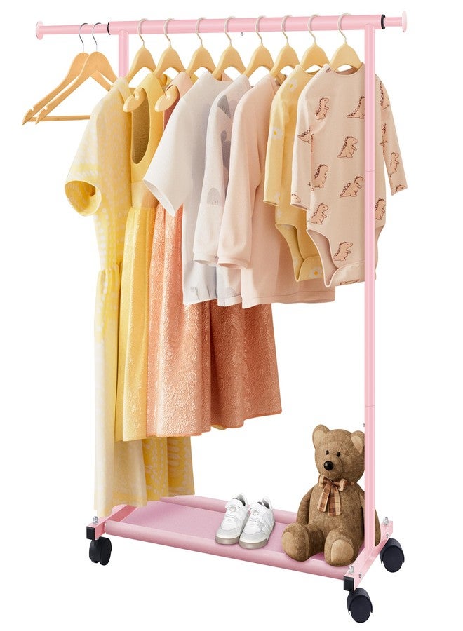 MISSLO Heavy Duty Kids Clothing Rack Short Dress Up Storage with Bottom Shelves and Wheels Kids Dress Up Rack for Baby, Toddler, Children, Little Girl, Pink - Image 1